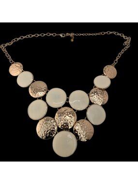 Modern Hammered Gold Tone  & White Disc Statement Necklace